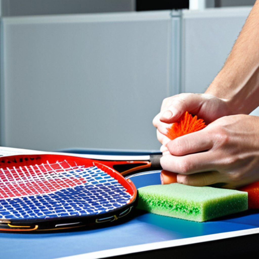 **Image Prompt:** A table tennis player meticulously cleaning their racket rubbers with specialized cleaning products, emphasizing the importance of equipment maintenance for consistent performance. Focus on the details of the cleaning process and the quality of the cleaning products.