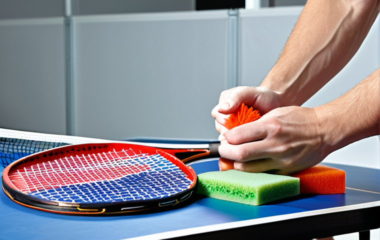 **Image Prompt:** A table tennis player meticulously cleaning their racket rubbers with specialized cleaning products, emphasizing the importance of equipment maintenance for consistent performance. Focus on the details of the cleaning process and the quality of the cleaning products.