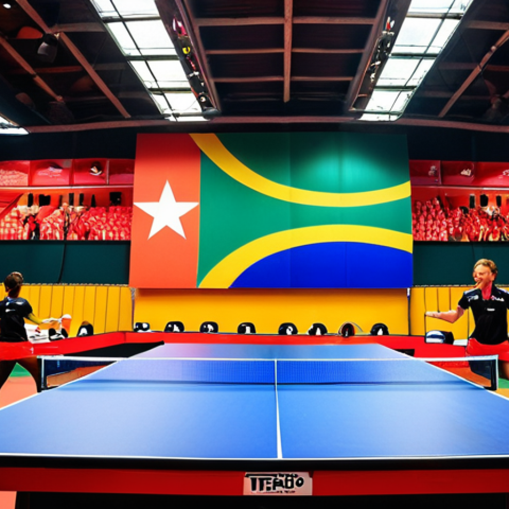 **Prompt:** A dynamic shot of the World Table Tennis Championships in Durban, South Africa. Focus on the intensity of the players, the colorful atmosphere, and the South African backdrop. Include the logos of YouTube and ITTF TV subtly in the scene. Vibrant and exciting.