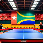 **Prompt:** A dynamic shot of the World Table Tennis Championships in Durban, South Africa. Focus on the intensity of the players, the colorful atmosphere, and the South African backdrop. Include the logos of YouTube and ITTF TV subtly in the scene. Vibrant and exciting.