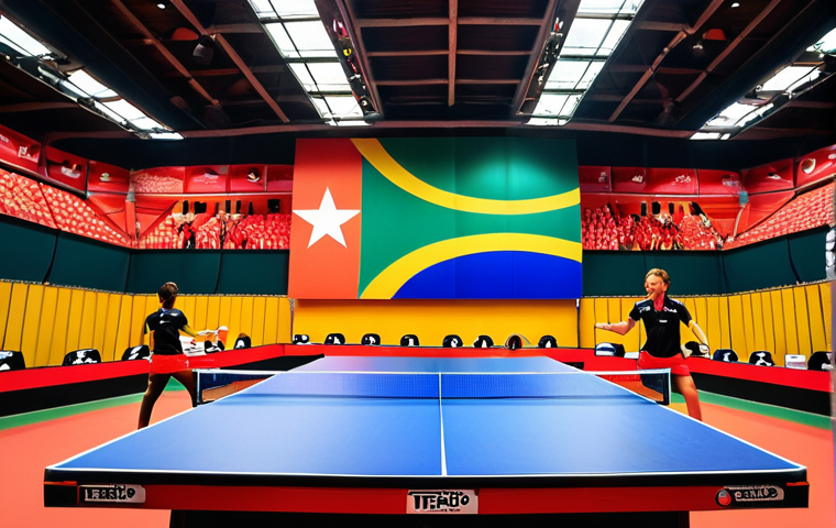 **Prompt:** A dynamic shot of the World Table Tennis Championships in Durban, South Africa. Focus on the intensity of the players, the colorful atmosphere, and the South African backdrop. Include the logos of YouTube and ITTF TV subtly in the scene. Vibrant and exciting.