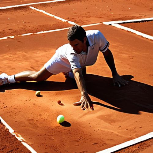 Home 22 **
"A dramatic shot of a clay tennis court during a match, focusing on a player sliding with intense focus, red clay spraying around them. The sun is setting, casting long shadows. The atmosphere is that of a Roland Garros tournament."
**