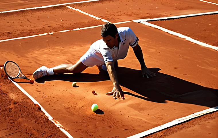 **
"A dramatic shot of a clay tennis court during a match, focusing on a player sliding with intense focus, red clay spraying around them. The sun is setting, casting long shadows. The atmosphere is that of a Roland Garros tournament."
**