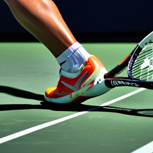 Home 21 A dynamic, close-up shot of an elite tennis player (like Novak Djokovic or Aryna Sabalenka) in mid-action, showcasing the profound impact of their highly customized equipment. The scene highlights a finely-tuned tennis racket with visible lead tape and specific string patterns, and advanced tennis shoes designed for biomechanical precision. Integrate subtle futuristic elements: glowing data streams emanating from the racket, biometric sensor indicators on the player's attire, and digital readouts on the court surface, symbolizing real-time performance analytics and the fusion of science, sensibility, and cutting-edge engineering in their gear.