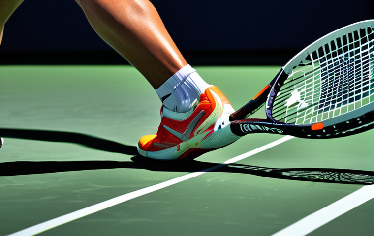 A dynamic, close-up shot of an elite tennis player (like Novak Djokovic or Aryna Sabalenka) in mid-action, showcasing the profound impact of their highly customized equipment. The scene highlights a finely-tuned tennis racket with visible lead tape and specific string patterns, and advanced tennis shoes designed for biomechanical precision. Integrate subtle futuristic elements: glowing data streams emanating from the racket, biometric sensor indicators on the player's attire, and digital readouts on the court surface, symbolizing real-time performance analytics and the fusion of science, sensibility, and cutting-edge engineering in their gear.