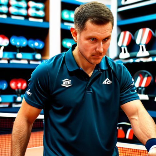 Home 20 Focus on Racket Selection**
"A professional table tennis player carefully selecting a racket in a sporting goods store, fully clothed, appropriate attire, safe for work, perfect anatomy, natural proportions, showcasing a variety of racket blades and handle types, with focused lighting on the rackets, highlighting the wood grain and construction details, family-friendly, professional photography, high quality, shallow depth of field."
**