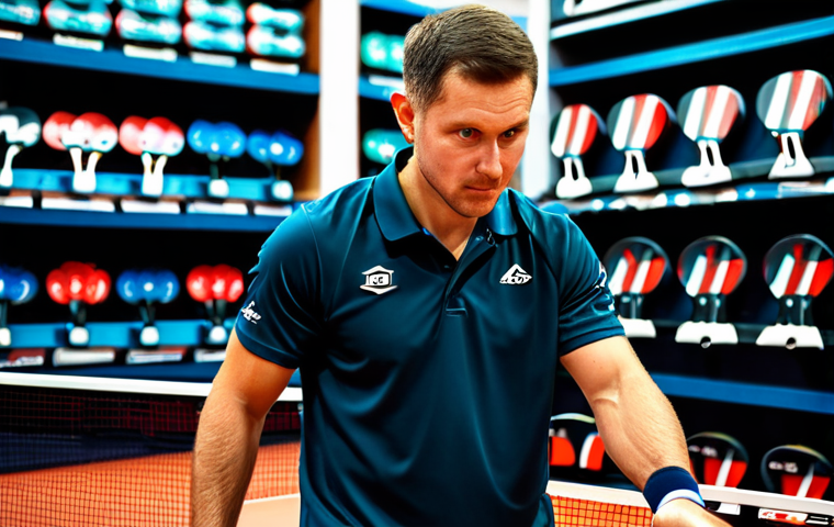 Focus on Racket Selection**
"A professional table tennis player carefully selecting a racket in a sporting goods store, fully clothed, appropriate attire, safe for work, perfect anatomy, natural proportions, showcasing a variety of racket blades and handle types, with focused lighting on the rackets, highlighting the wood grain and construction details, family-friendly, professional photography, high quality, shallow depth of field."
**