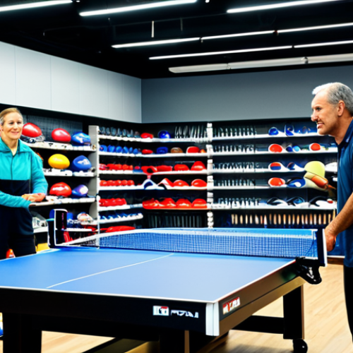 Home 6 탁구 라켓 구매처 비교 - **
"A well-lit sporting goods store interior, featuring shelves stocked with table tennis rackets o...