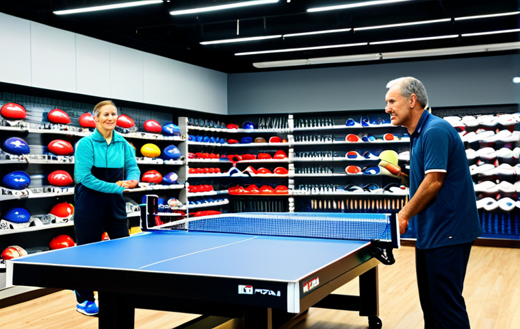 탁구 라켓 구매처 비교 - **
"A well-lit sporting goods store interior, featuring shelves stocked with table tennis rackets o...