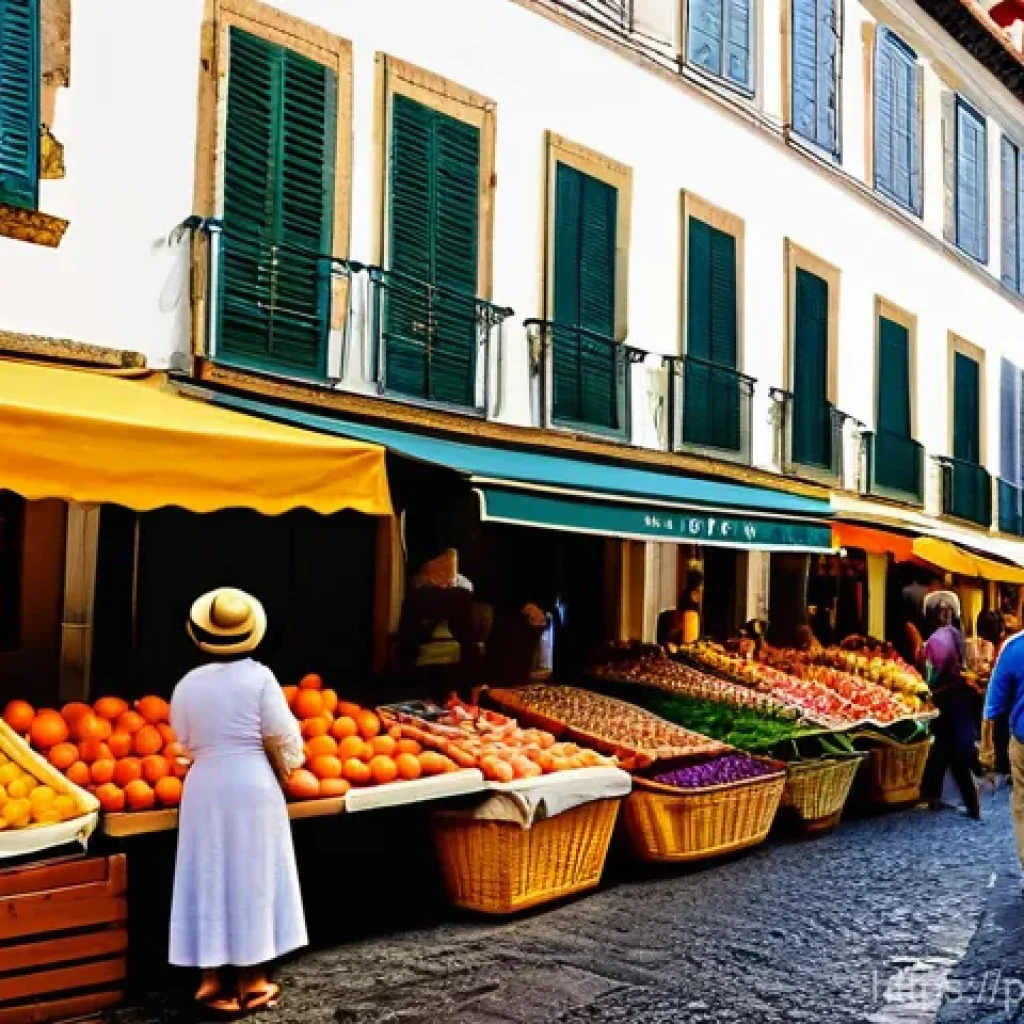 테니스 공 배송 서비스 - A vibrant outdoor market scene set in a charming town square in Portugal, possibly Lisbon or Porto. ...