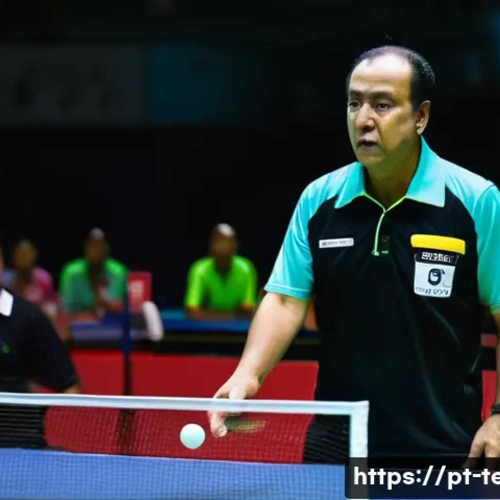 탁구 경기의 심판 역할 - A professional table tennis referee attentively monitoring a fast-paced match in an indoor sports ar...