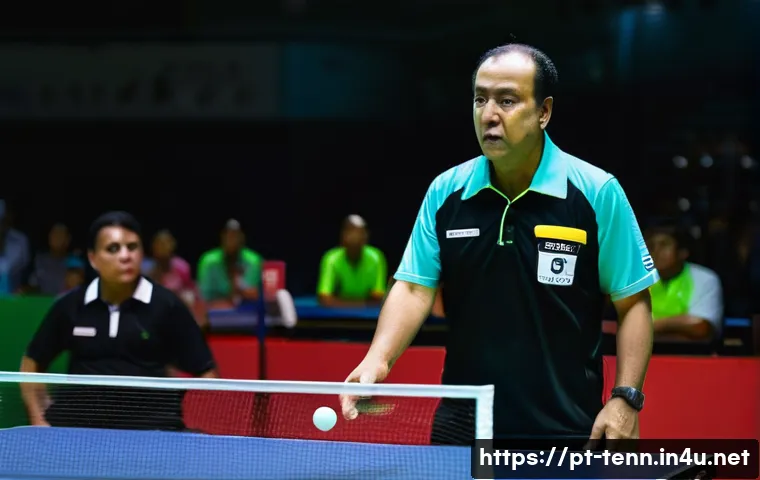 탁구 경기의 심판 역할 - A professional table tennis referee attentively monitoring a fast-paced match in an indoor sports ar...