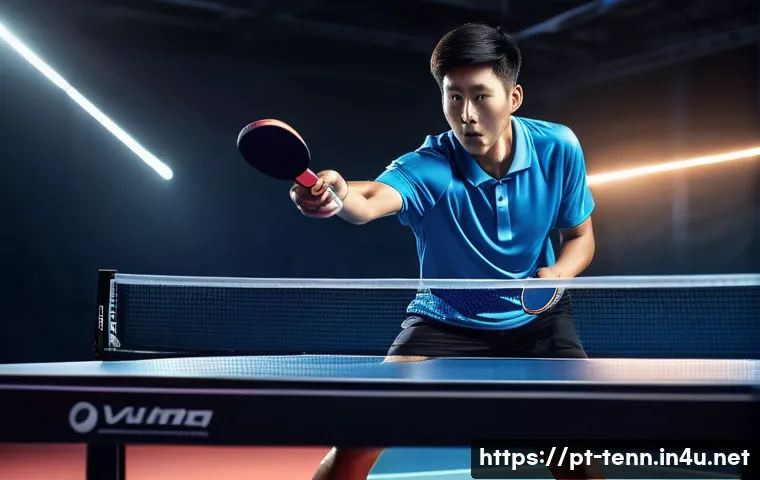 탁구 라켓 무게와 성능 비교 - A professional table tennis player practicing with a lightweight racket featuring a carbon fiber com...