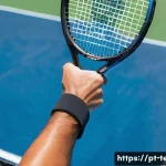 테니스 중급자용 라켓 추천 - A detailed close-up of a professional tennis player’s hand gripping a modern tennis racket, showcasi...