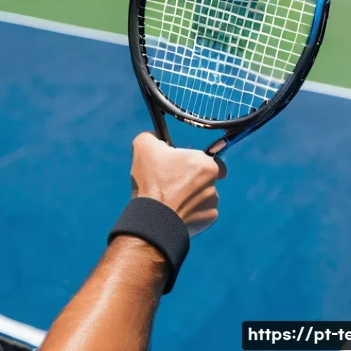 테니스 중급자용 라켓 추천 - A detailed close-up of a professional tennis player’s hand gripping a modern tennis racket, showcasi...