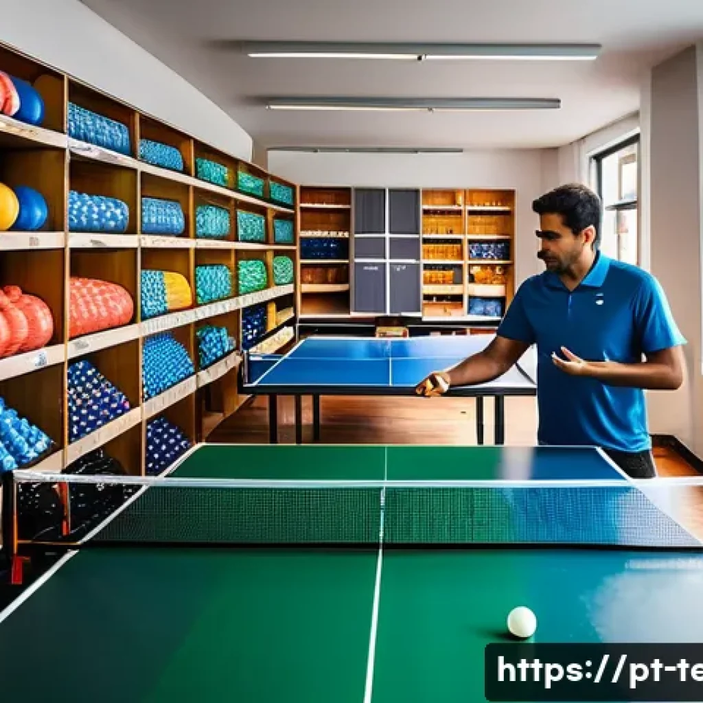 탁구 장비 구입 시 참고할 웹사이트 - A bright and modern specialized table tennis sports store interior in a large Brazilian city, showin...