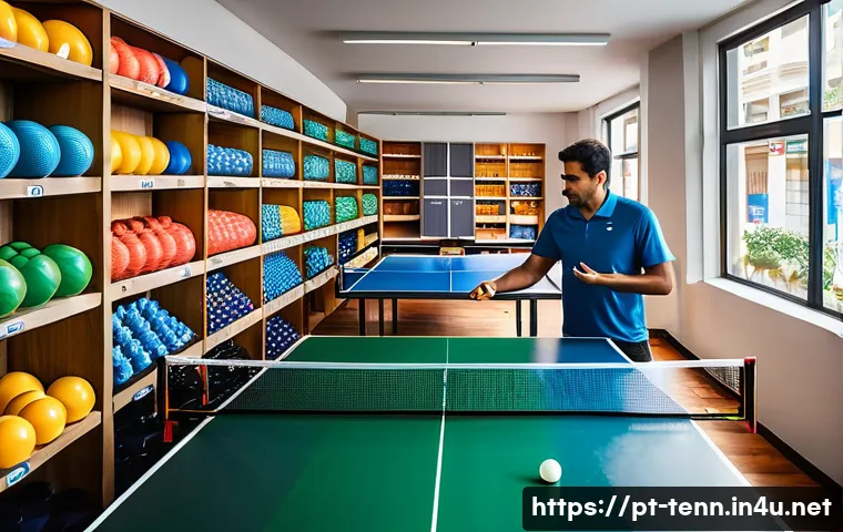 탁구 장비 구입 시 참고할 웹사이트 - A bright and modern specialized table tennis sports store interior in a large Brazilian city, showin...