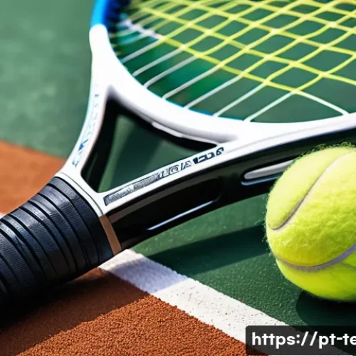 Home 32 테니스 스트링 갈기 비용 - A detailed close-up of a tennis racket with freshly strung nylon strings, showcasing the string text...