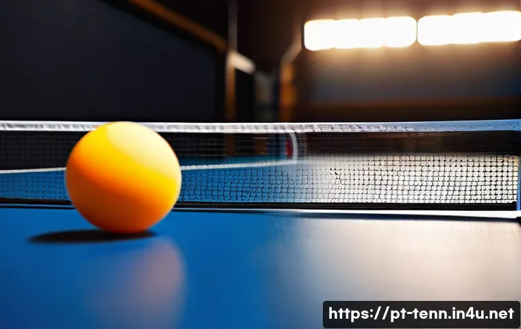 탁구 라켓 리뷰 - A detailed close-up of a modern table tennis racket showcasing a layered wooden blade combined with ...
