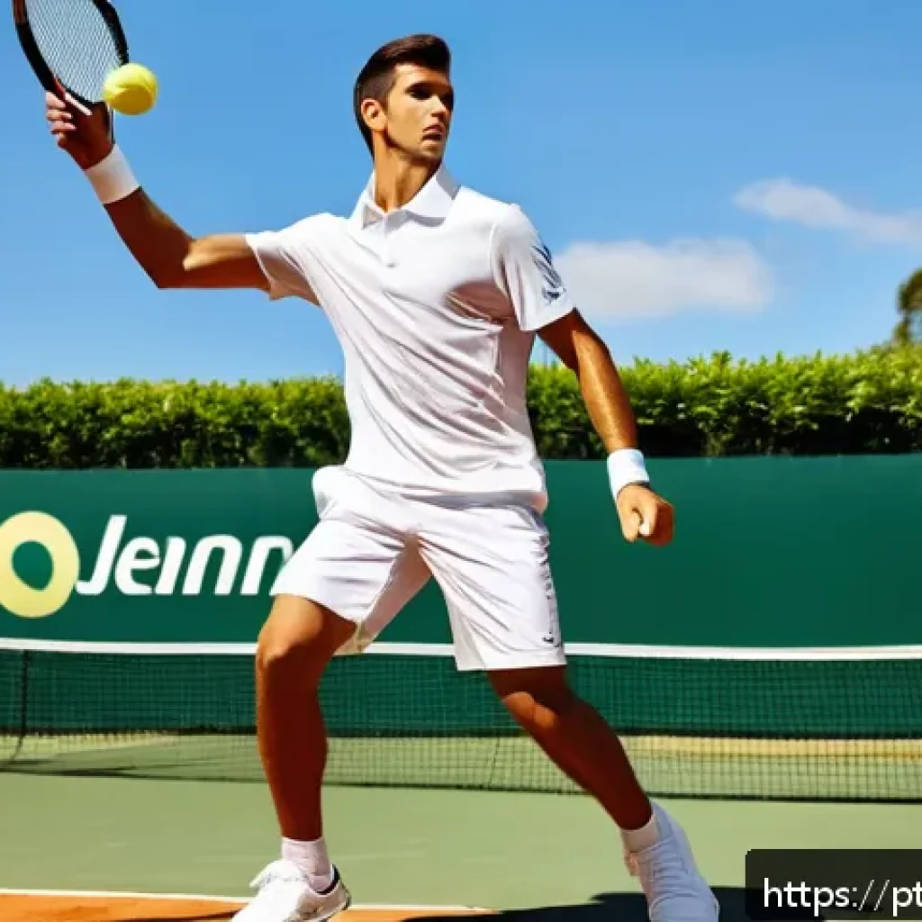 테니스 서브 연습법 - A detailed illustration of a young adult male tennis player practicing a powerful tennis serve on an...