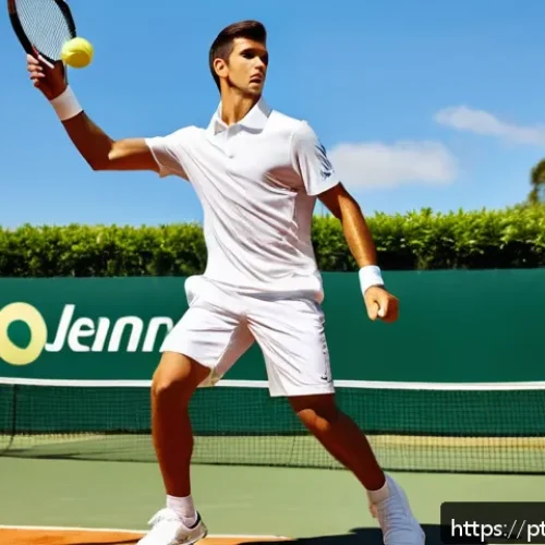 Home 30 테니스 서브 연습법 - A detailed illustration of a young adult male tennis player practicing a powerful tennis serve on an...