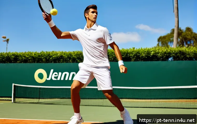 테니스 서브 연습법 - A detailed illustration of a young adult male tennis player practicing a powerful tennis serve on an...