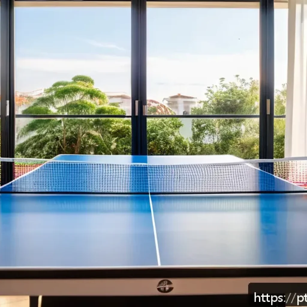 탁구 장비 세트 구매 가이드 - A detailed scene of a beginner’s table tennis setup in a bright Brazilian living room, featuring a p...