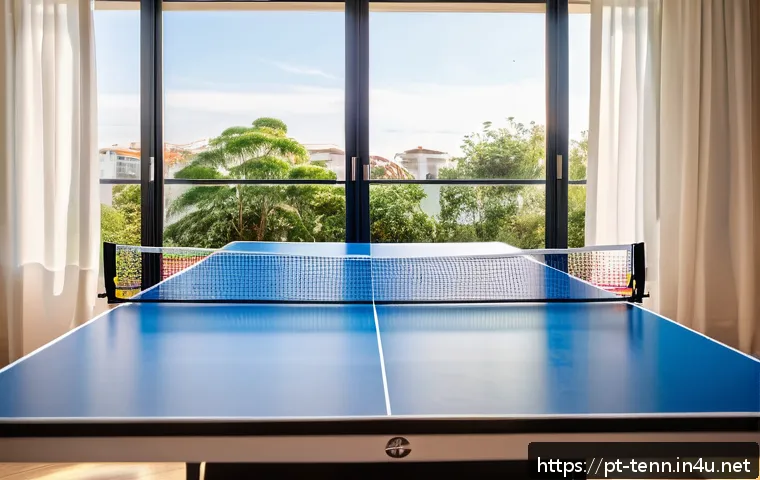 탁구 장비 세트 구매 가이드 - A detailed scene of a beginner’s table tennis setup in a bright Brazilian living room, featuring a p...