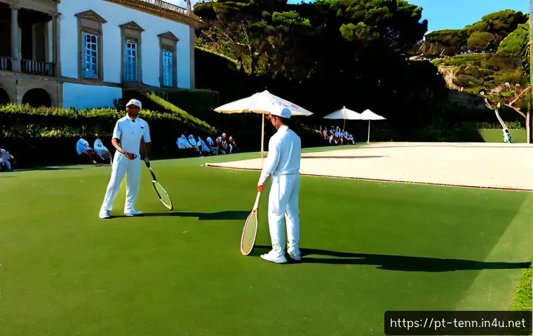 테니스와 탁구의 역사 - Photorealistic late-19th-century lawn tennis match at an elegant Portuguese seaside estate near Casc...