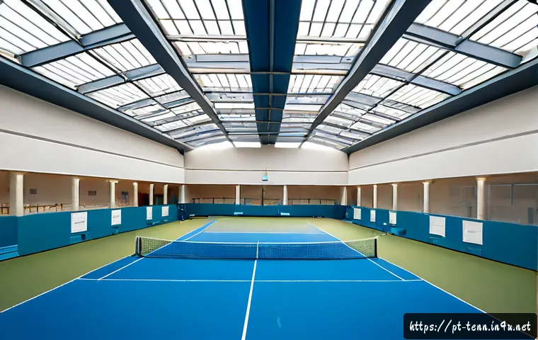 실내 테니스장 위치 정보 - Photorealistic wide interior of a modern indoor tennis center in Lisbon, Portugal, showing two immac...