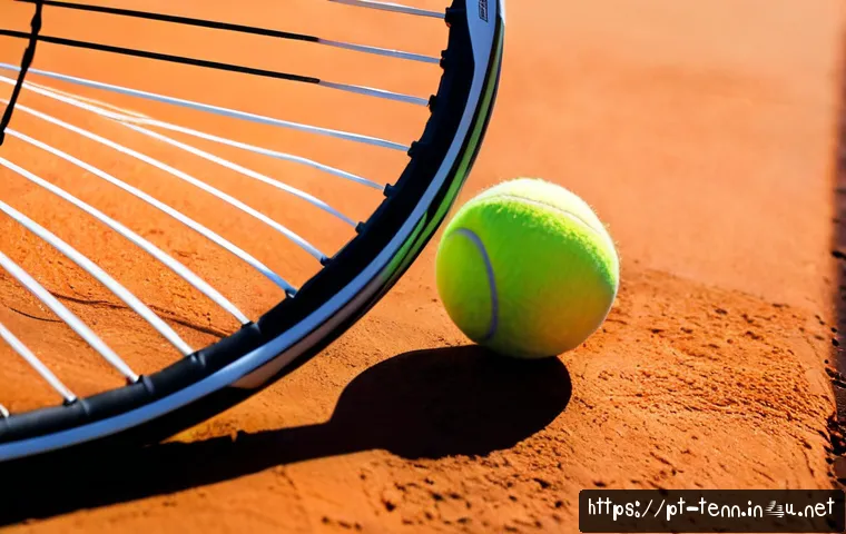 Home 17 테니스 라켓 카본 소재의 장단점 - Photorealistic close-up of a modern carbon fiber tennis racket resting on a sunlit red clay court, s...